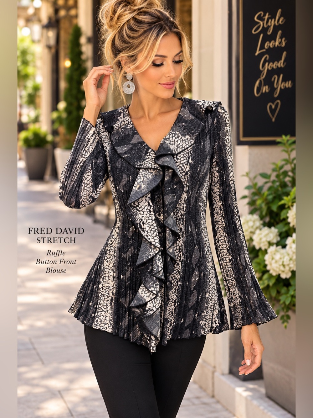 Fred David Black and Cream Ruffle-Front Long Sleeve Dress